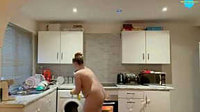 Amateur teen boldly cleans naked, showing shaved pussy