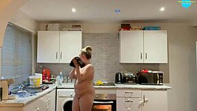 Amateur teen boldly cleans naked, showing shaved pussy