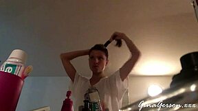 blonde young teen gives footjob in home video