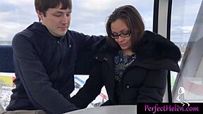 Hot brunette swallows stranger's cum after outdoor blowjob