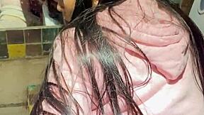 Latina gives blowjob in bathroom