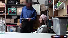 in this hidden cam video, a petite brunette teen shoplifter is caught and has to fuck the security guard to be released