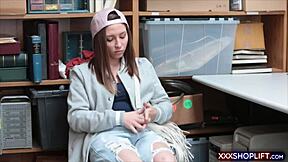 in this hidden cam video, a petite brunette teen shoplifter is caught and has to fuck the security guard to be released