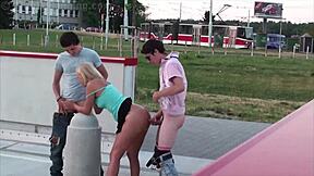 18 year old girl fucked in public by 2 teen guys in gang bang threesome orgy