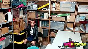 christy saves a petite teen 18+ from a horny officer with a steamy office blowjob