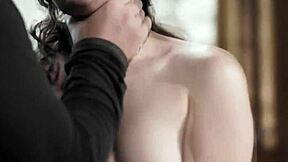 Petite brunette chokes on cock while jerking it hard.