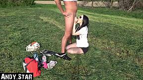 Young European brunette in leggings gives blowjob and gets outdoor facial