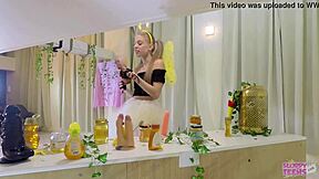 Petite girl in bee costume licks honey and sucks cocks