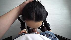 slutty brunette cheerleader gives deep sloppy blowjob and swallows cum pov