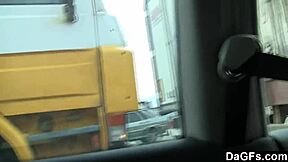 Dagfs shows off dark-haired babe with small tits teasing her hairless slit in public car