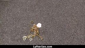 The teen drops stolen jewelry from her bra during blowjob