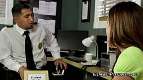 Petite teen gives blowjob to the guard