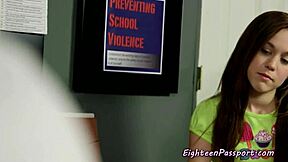 Petite teen gives blowjob to the guard