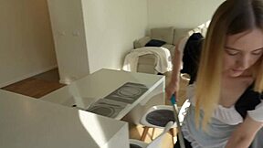 horny maid from room service cleans cock in kitchen with blonde teen