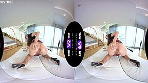 Fully clothed babe Stefany reaches orgasm while masturbating on the sofa