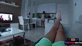 Thai teen girlfriend cleans up, then gives a blowjob to her boyfriend's big cock.