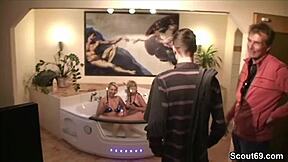 eighteen-year-old guy gets his first fuck from two milfs