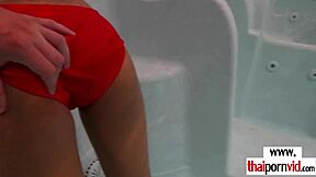 asian-european couple gets wild after pool fun, diving into hardcore muff action!