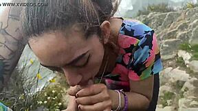 Cute teen girlfriend gives blowjob to friend in front of sea 😍