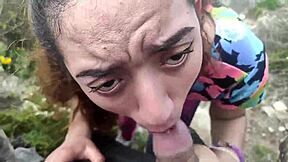 Cute teen girlfriend gives blowjob to friend in front of sea 😍