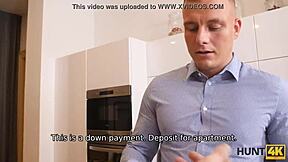 Slim blonde in heels and stockings gets seduced by hunter in new apartment!