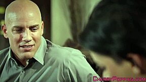 The tattooed teen eagerly sucks the big cock before riding it passionately.