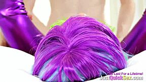 rainbow haired teen 18+ deep throats dick in spandex gets bent over for hardcore doggystyle fucking with blowjob and tit play