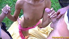 tiny trisha, can you handle 5 big dicks in blowbang chaos?