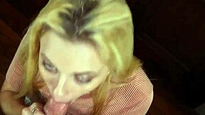 Blonde stepdaughter teen slurps on a massive cock with ease.