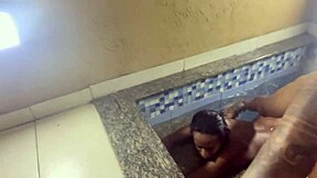 Skinny latina babe enjoys kitchen action and pool fun with brunette