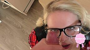 Cute Blond Girl Gets Fucked In Uniform Big Cumshot On Her Glasses!