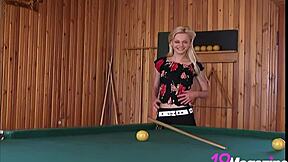 horny blonde teen ana fey teases you topless on billiards table, legs undressing