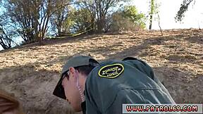 male police stripper meets border hopping redhead in uniform outdoors