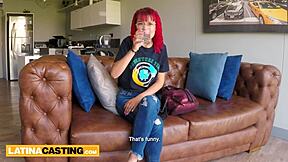 Petite redhead Latina gives casting blowjob. Her wet pussy gets pounded hard for a facial!