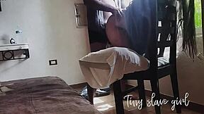 Petite teen bent over, showing her ass and tits for boyfriend.