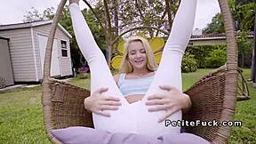 Small tittied blonde teen spinner bangs big cocks in POV group scene.