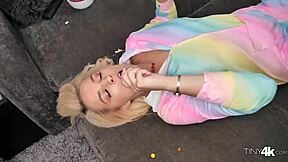 Super tiny 18+ blond Sophia Lux watches a movie, gets horny, touches herself, then takes a giant cock in 4K.