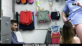 Mall cop fucks and dominates hot girlfriend in front of cuckold boyfriend.