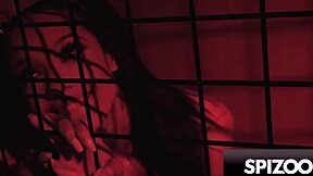 Young Alexis Tae caged and drilled by huge cock in garage.