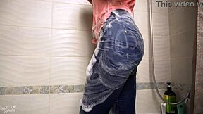 Wet jeans fetish and ass worship in bathroom