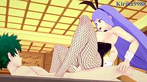 Nejire Hado, Tsuyu Asui, and Izuku Midoriya in bunny girl 3D hentai action