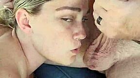 feeling the thrill, the closeup shows the dirty talking blonde hotwife giving a blowjob and receiving a facial.