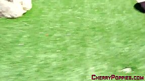 Brunette teen intriguingly shows off her tits in bikini outdoors.