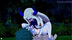 Tsuyu Asui、Mt Lady和Izuku Midoriya在狂野3D卡通中做爱，激烈内射。