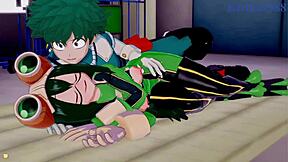 Tsuyu Asui、Mt Lady和Izuku Midoriya在狂野3D卡通中做爱，激烈内射。