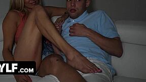 Can a blonde stepmom in shorts resist stepson’s big cock during movie night?