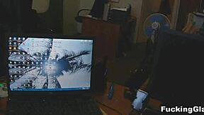 teen with glasses gets quickie fuck and cumshot on shaved pussy.