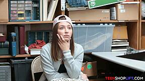 What happens when the security guard catches the petite teen stealing in the shop?