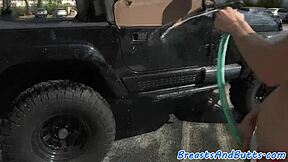 Busty teen enjoys outdoor facial adventure