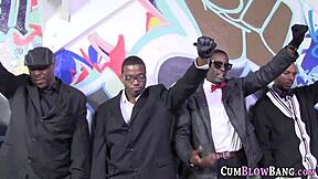 Slender teen intensely sucks and tugs monster BBCs in interracial blowbang gangbang.